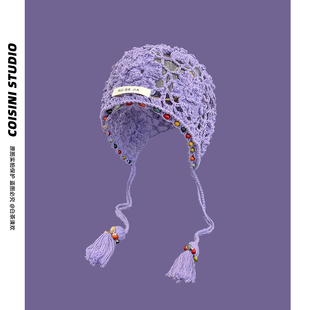 薄款 波西米亚风复古彩珠花朵针织镂空包头帽子女夏季 民族风套头帽