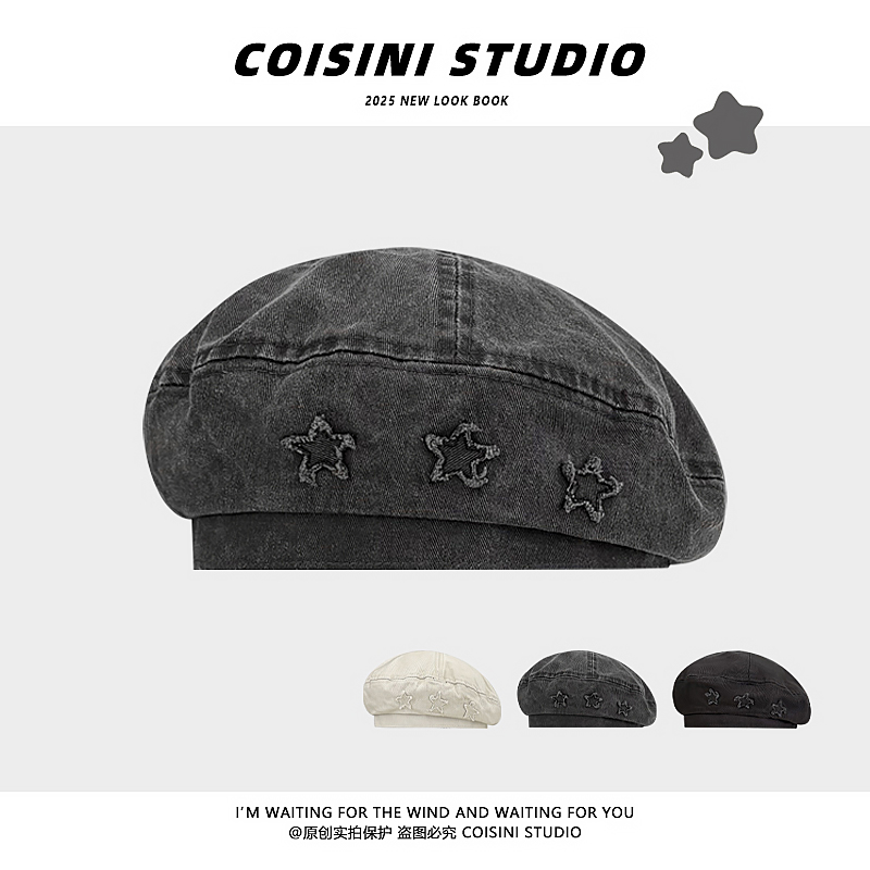 复古水洗做旧牛仔星星贝雷帽女