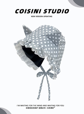 韩系灰色波点猫咪耳朵包头帽女y2k亚文化软萌蕾丝花边套头帽子潮