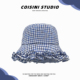 小清新蓝色格纹花边渔夫帽女春夏出游拍照遮阳防晒显脸小水桶帽潮