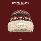 复古费尔岛风针织羊羔绒渔夫帽女款 加厚保暖毛线帽护耳旅游 秋冬季