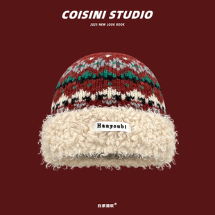 复古费尔岛风针织羊羔绒渔夫帽女款秋冬季加厚保暖毛线帽护耳旅游