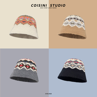 日系复古手工钩针编织毛线帽子女冬季 保暖百搭针织盆帽可折叠卷边