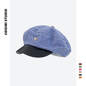 海军风蓝色小格子皮檐八角帽子女春夏薄款 英伦学院风贝雷帽显脸小