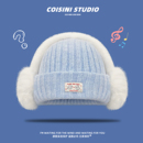 加厚可爱蓝色小狗耳机毛球针织帽子女冬季 保暖百搭显脸小毛线帽潮