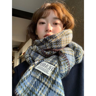 韩版海盐蓝格纹锁边气质显白围巾