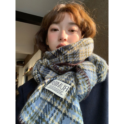 韩版海盐蓝格纹锁边气质显白围巾