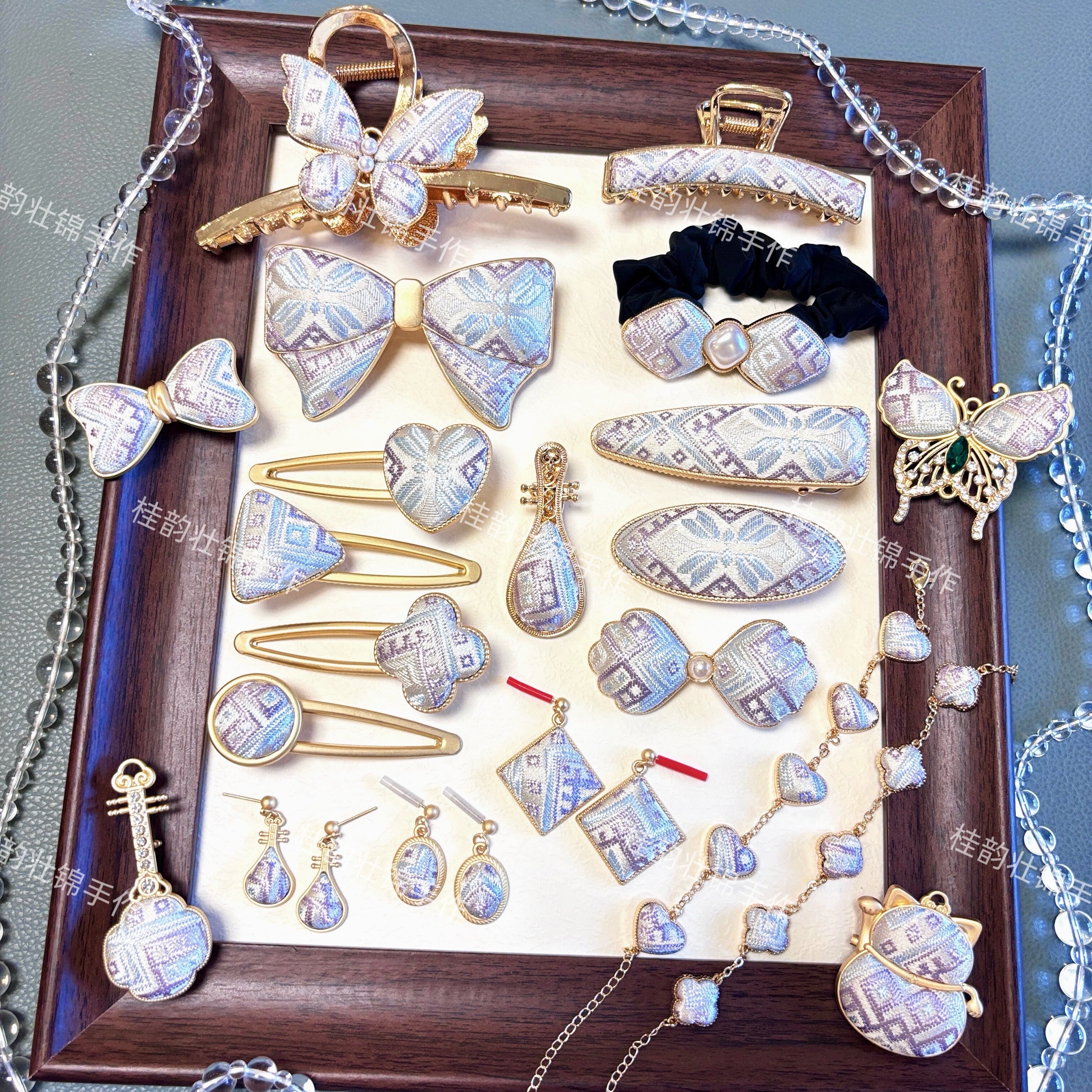 广西非遗壮锦发夹圆形发饰手工制作精致饰品【银紫蝴蝶花纹系列】