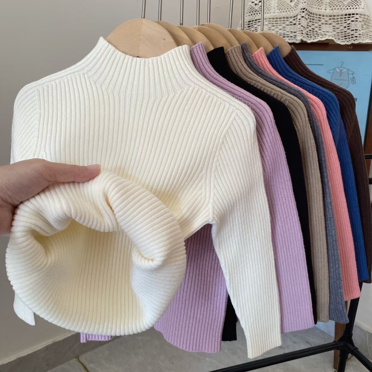 女童纯色半高领毛衣儿童打底针织