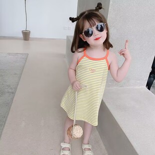 女童纯棉背心2026夏季新款宝宝纯棉条纹吊带裙女孩卡通可爱上衣薄