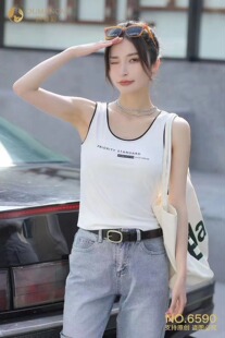 欧曼彩6590薄背心长款竖条背心莫代尔60cm字母吊带女宽肩T恤美背