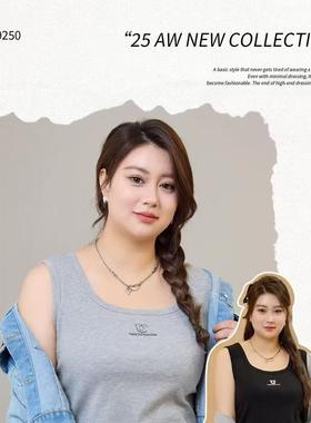 欧曼彩39250薄背心加大方领宽肩竖条60cm吊带女钻字母T恤螺纹美背