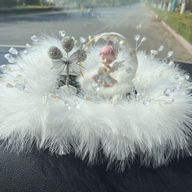 少女心梦幻蓬松毛绒底座镶钻气球天使萌娃车载摆件羽毛毛垫车内饰
