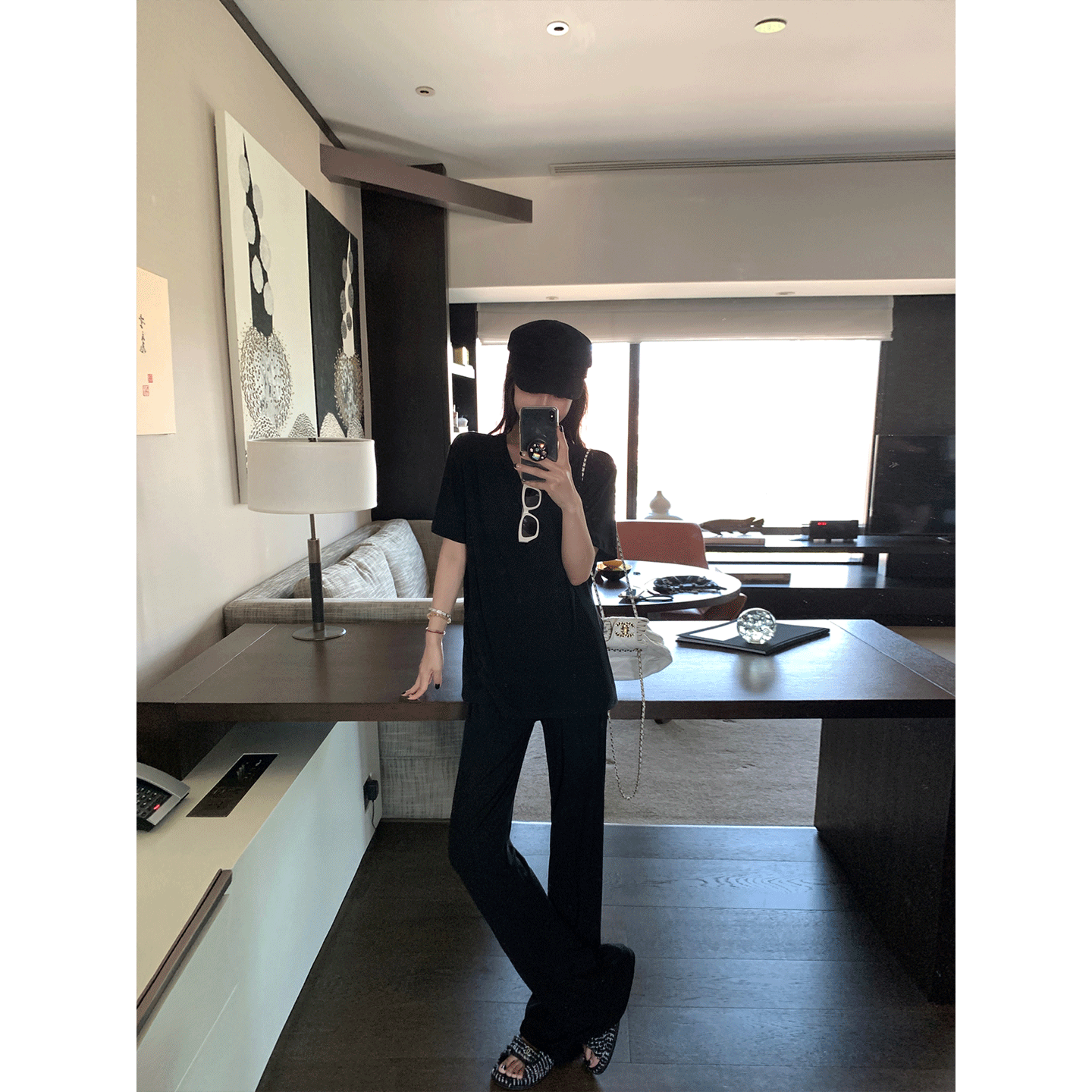 大瓶定制 面膜冰氧吧 超舒服显瘦开叉宽松T恤上衣垂感休闲裤套装