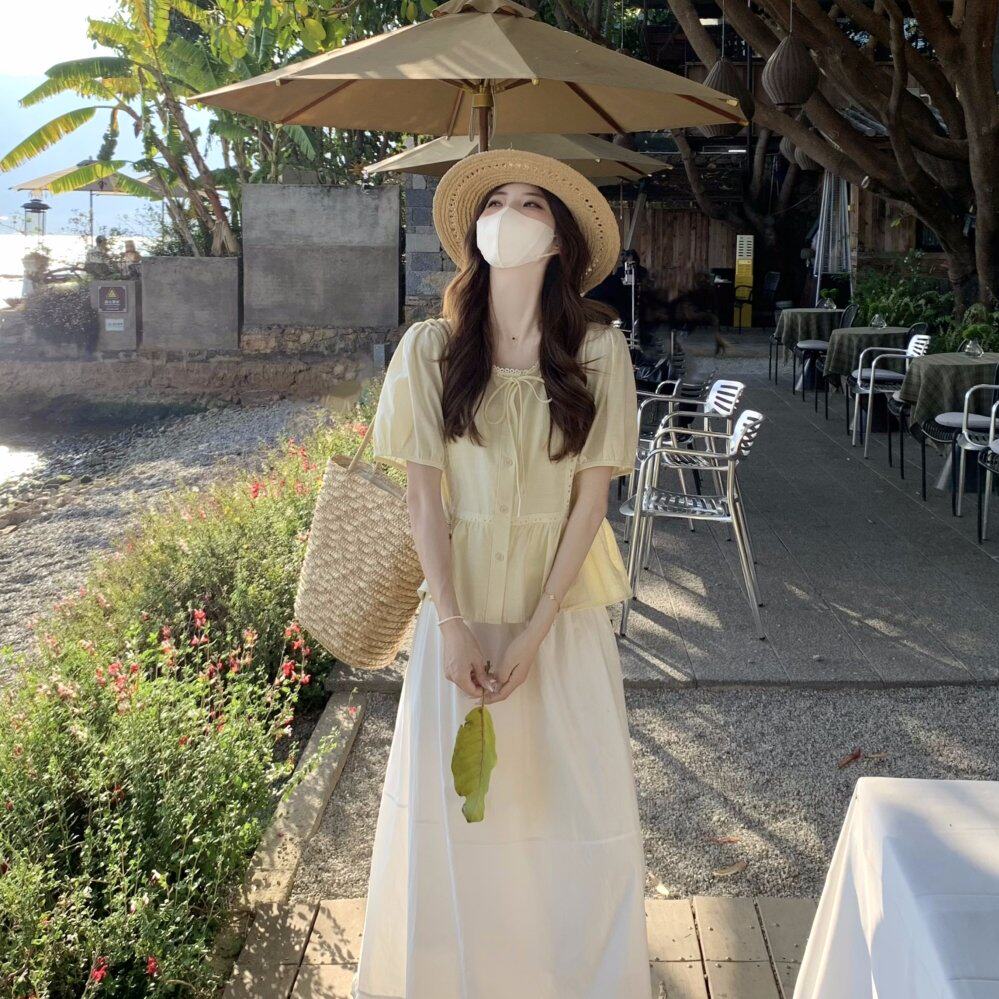 实拍 2026夏季新款法式短款棉料短袖上衣女娃娃衫花边半身裙套装