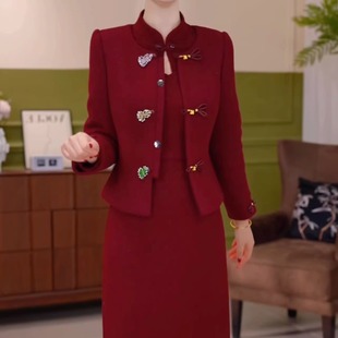 贵妃绒夹棉外套裙子两件套改良旗袍裙2026新款 外套连衣裙套裙 修身