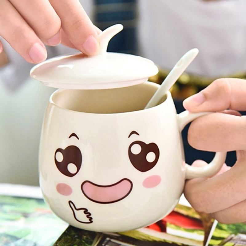 潮流可爱卡通表情陶瓷杯早餐牛奶马克杯陶瓷带盖勺超萌喝茶水杯子