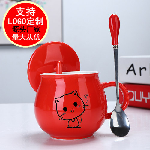 陶瓷带勺礼品卡通水杯定制