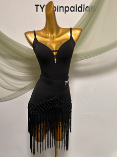 TYH性感露背吊带连体衣打结流苏裙拉丁舞服练功服含胸垫底裤成人