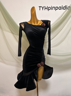 TYH ｜绒面长袖网纱自带胸垫底扣上衣鱼骨大摆裙拉丁舞训练演出服