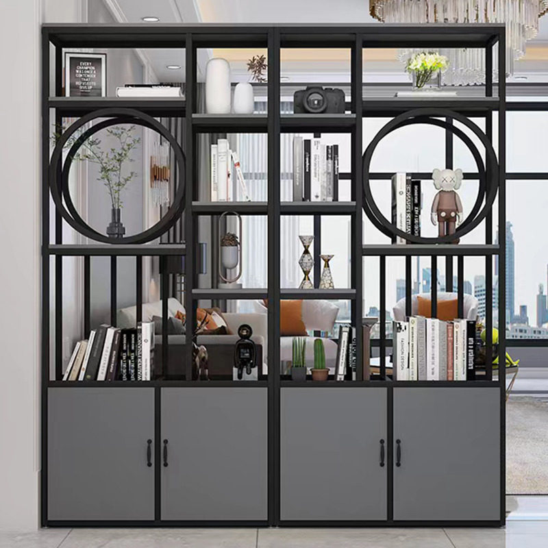 办公室屏风隔断置物架铁艺落地书架简约门厅双面玄关柜金色展示柜