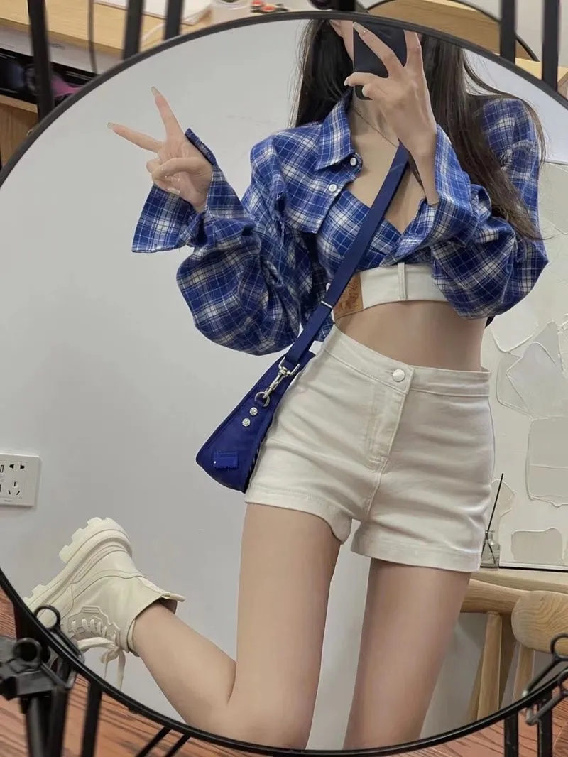 白色高腰牛仔短裤女夏季薄款小个子修身显瘦紧身弹力包臀a字热裤