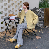 黄色减龄短款羊羔毛外套女秋冬新款韩系宽松加厚百搭皮毛一体棉衣，女装短外套，2C170