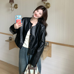超好看小香风黑色pu皮衣外套女2025春秋红短款夹克上衣图片