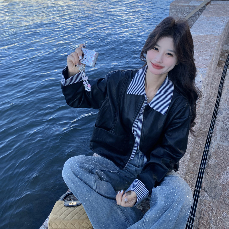 新款皮衣J假两件拼接外套C170-1316-P155-248,女装短外套,2C170