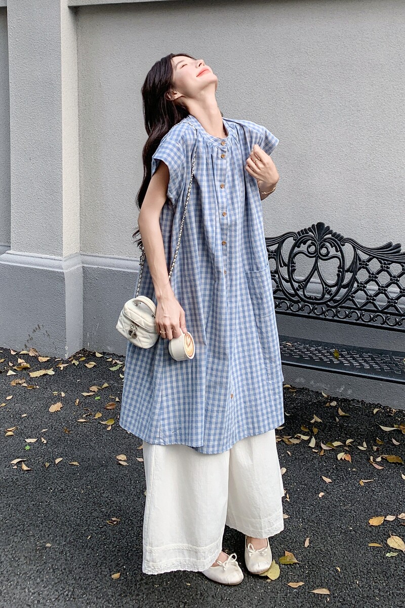 蓝色格子衬衫裙套装女2025夏季新款气质休闲蕾丝拼接休闲裤两件套,女装连衣裙,2C170