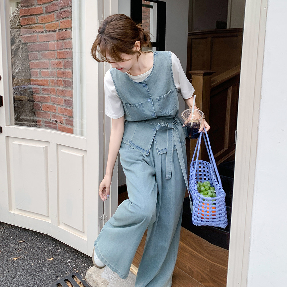 浅蓝休闲牛仔套装裤女夏季2025新款松弛感穿搭马甲阔腿长裤两件套,女装套装/套裙,2C170