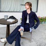 藏青色韩系休闲套装女2025春新款设计感条纹拼接上衣直筒裤两件套，女装套装/套裙，2C170