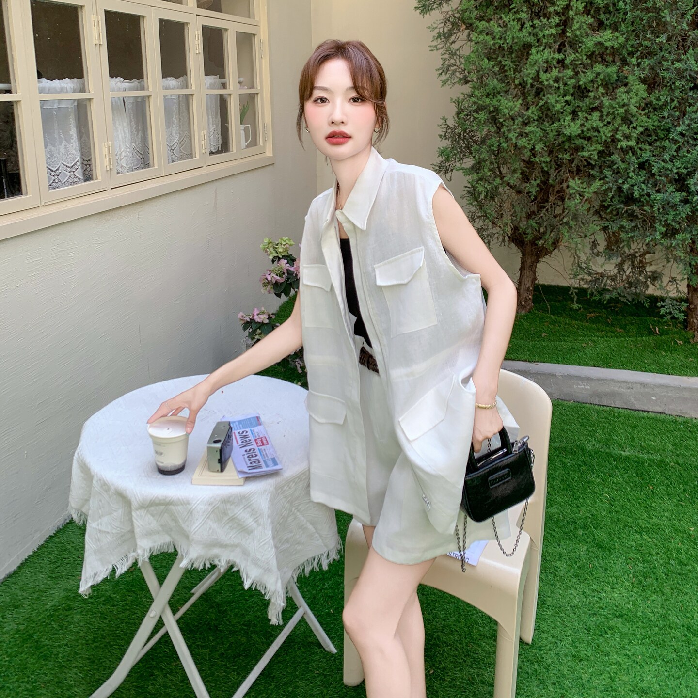 又a又飒设计感马甲开衫高腰短裤套装女2025夏季新款小个子两件套,女装套装/套裙,2C170