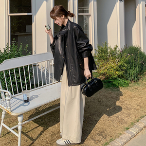 chic韩系春夏过渡穿搭风宽松插肩袖皮衣2025春秋简约高级感外套女图片