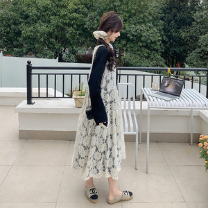 韩系黑色上衣蕾丝连衣裙两件套女2025年春秋季新款高级感长裙套装图片
