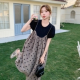 假两件拼接波点连衣裙女2025夏季新款设计感韩系甜美宽松及踝长裙，女装连衣裙，2C170
