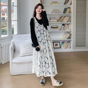 韩系黑色上衣蕾丝连衣裙两件套女2025年春秋季新款高级感长裙套装图片