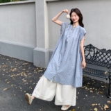 蓝色格子衬衫裙套装女2025夏季新款气质休闲蕾丝拼接休闲裤两件套，女装连衣裙，2C170