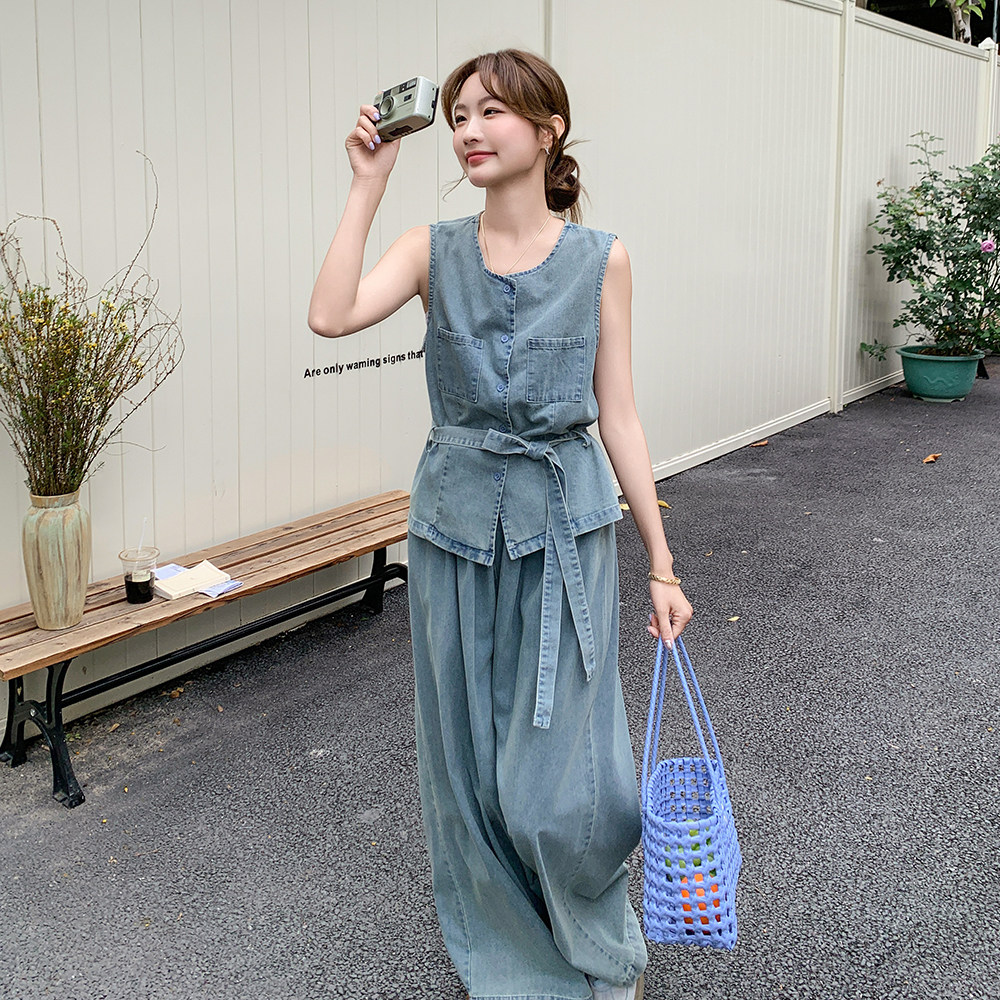 浅蓝休闲牛仔套装裤女夏季2025新款松弛感穿搭马甲阔腿长裤两件套,女装套装/套裙,2C170
