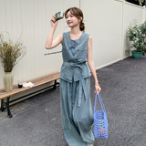 浅蓝休闲牛仔套装裤女夏季2025新款松弛感穿搭马甲阔腿长裤两件套，女装套装/套裙，2C170