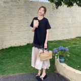 ins风法式长裙夏季不规则连衣裙中长款拼接百搭黑色蕾丝显瘦气质，女装连衣裙，2C170