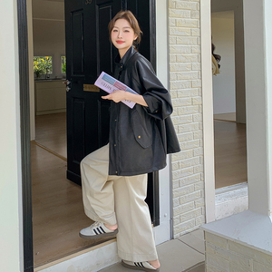 chic韩系春夏过渡穿搭风宽松插肩袖皮衣2025春秋简约高级感外套女图片