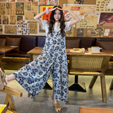 海边度假碎花背带裤女2025夏季新款韩系慵懒风宽松休闲阔腿连体裤，女装连衣裙，2C170