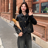 长袖短款拼接秋季复古港风皮衣皮夹克外套春秋宽松显瘦小个子网红，女装皮衣，2C170