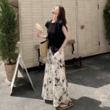 今年流行漂亮套装女夏季新款黑色不规则短袖T恤高腰阔腿裤两件套，女装套装/套裙，2C170