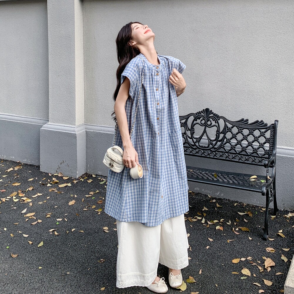 蓝色格子衬衫裙套装女2025夏季新款气质休闲蕾丝拼接休闲裤两件套图片