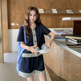 蕾丝拼接牛仔套装女2025夏季新款韩系复古休闲短袖上衣短裤两件套，女装套装/套裙，2C170