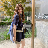蕾丝拼接牛仔套装女2025夏季新款韩系复古休闲短袖上衣短裤两件套，女装套装/套裙，2C170