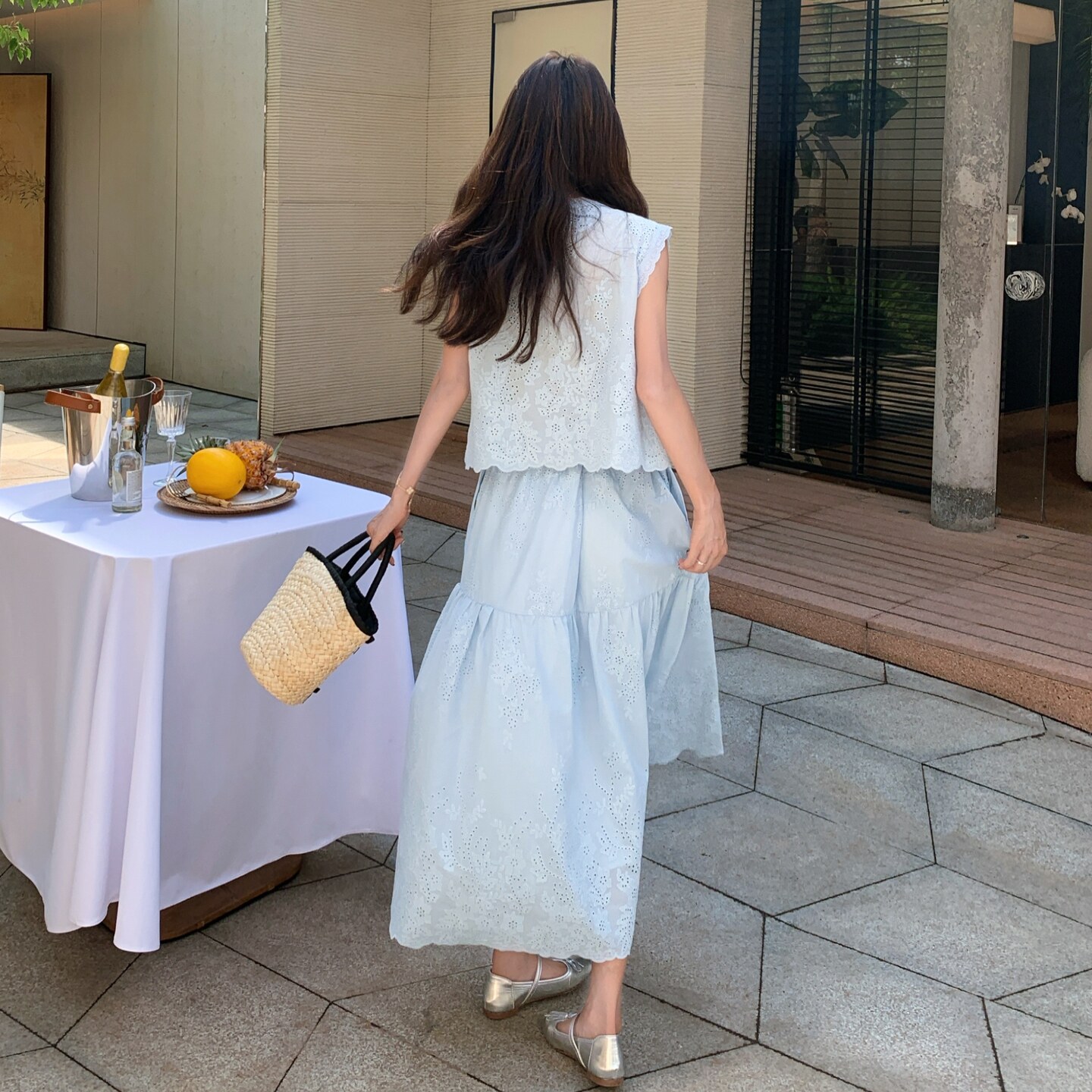 蓝色蕾丝无袖衬衫女夏季2025新款韩系穿搭气质减龄半身裙两件套装,女装套装/套裙,2C170