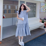 蓝色韩系休闲松弛感减龄连衣裙女2025夏季新款法式木耳边休闲长裙，女装连衣裙，2C170